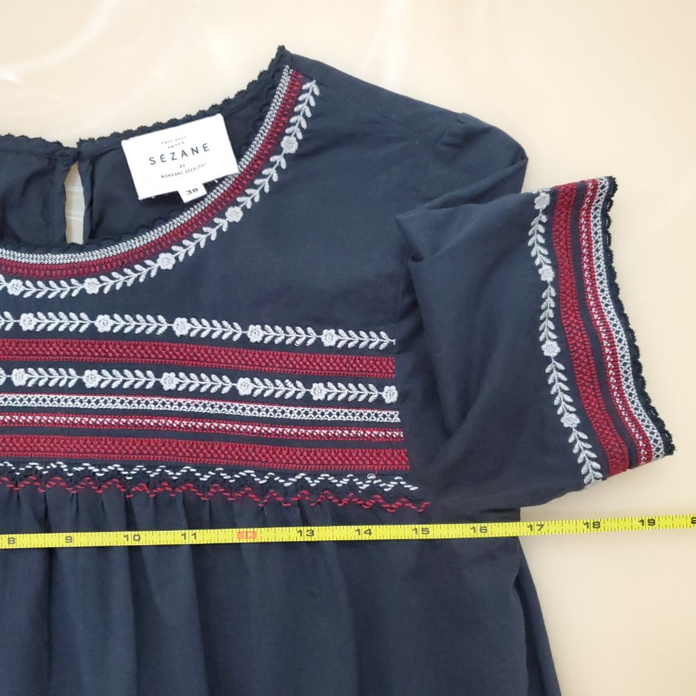 Sezane by Morgane Sezalory Embroidered Boho Navy Cotton Top - Picture 14 of 16